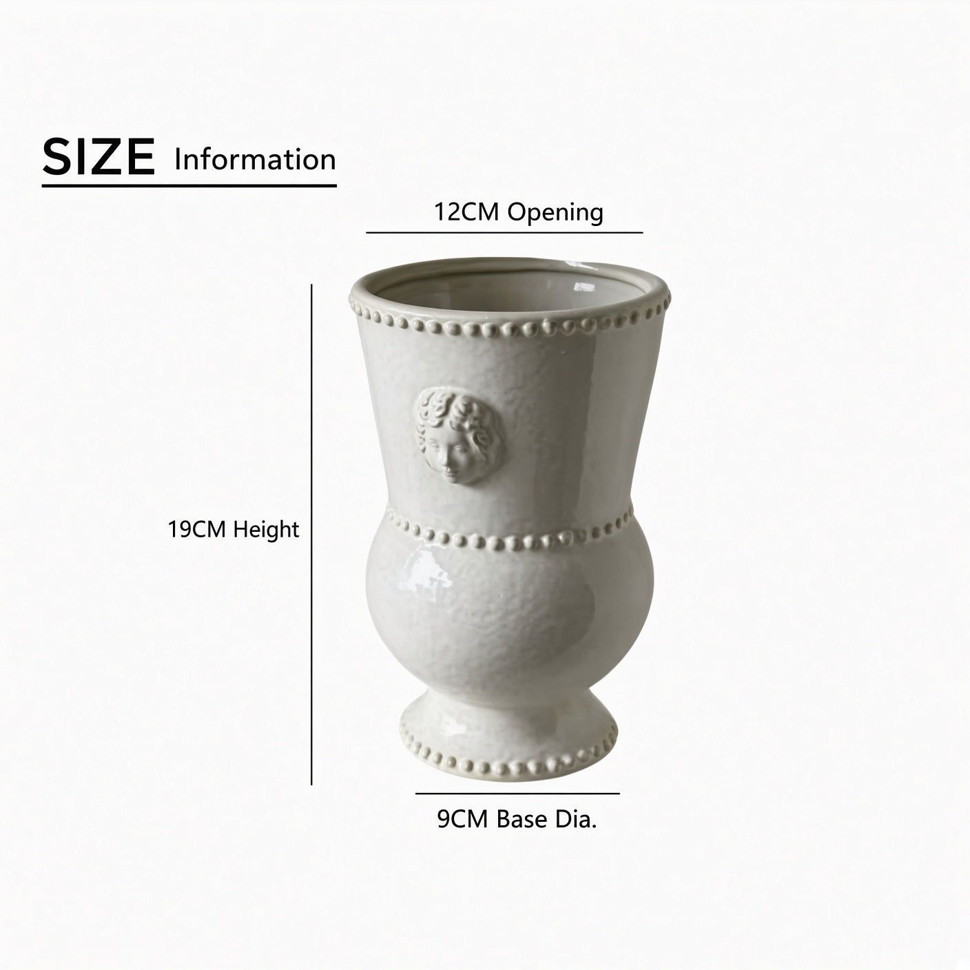 Embossed ceramic urn vase dimensions showing height and diameter