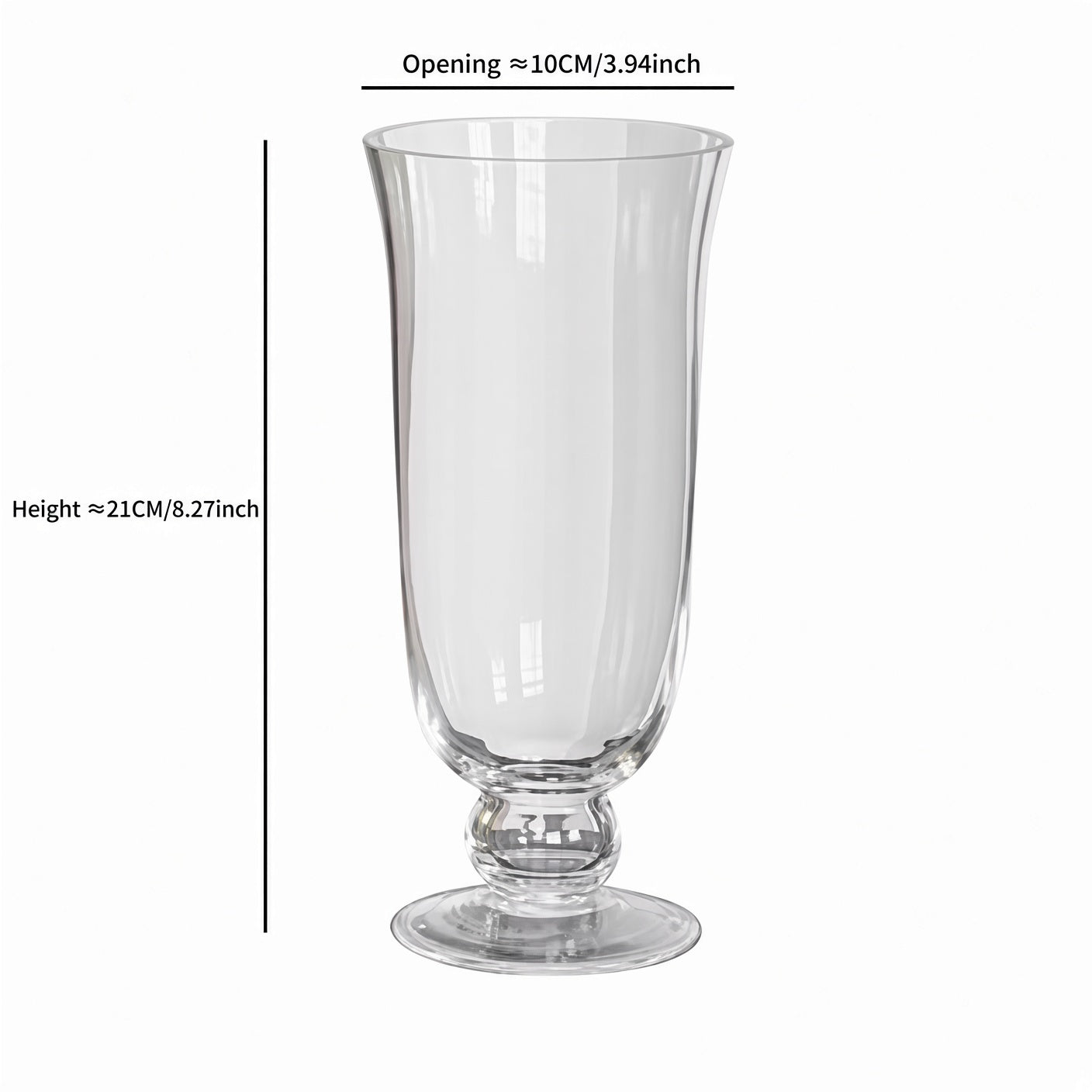 Footed glass vase dimensions showing height and opening diameter