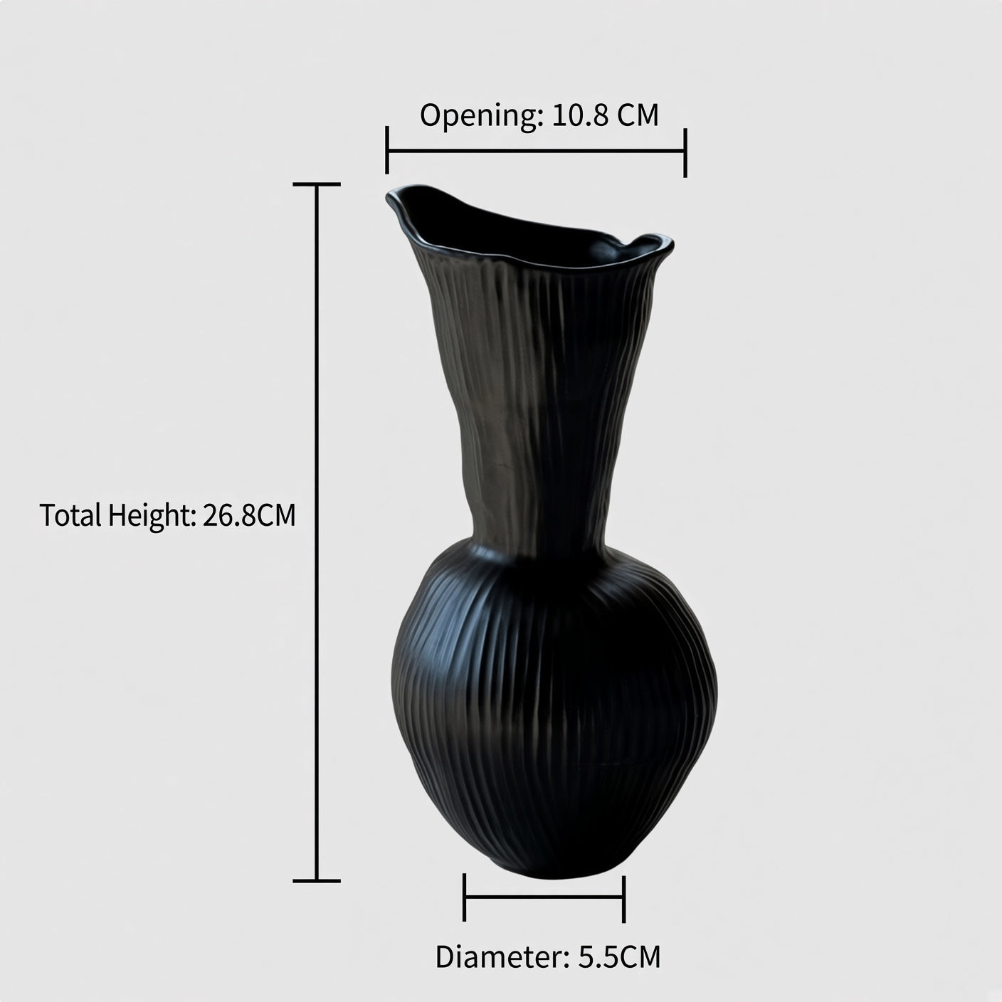 Ribbed gourd ceramic vase dimensions showing height opening and base diameter
