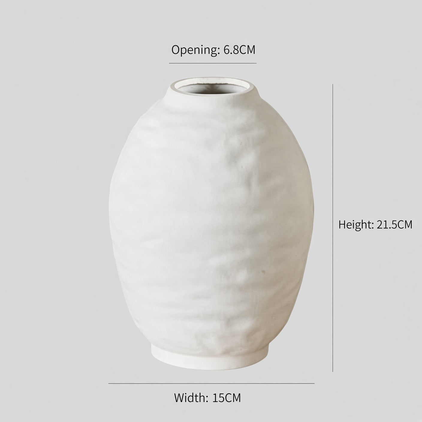 Ridged oval ceramic vase dimensions showing height width and opening diameter