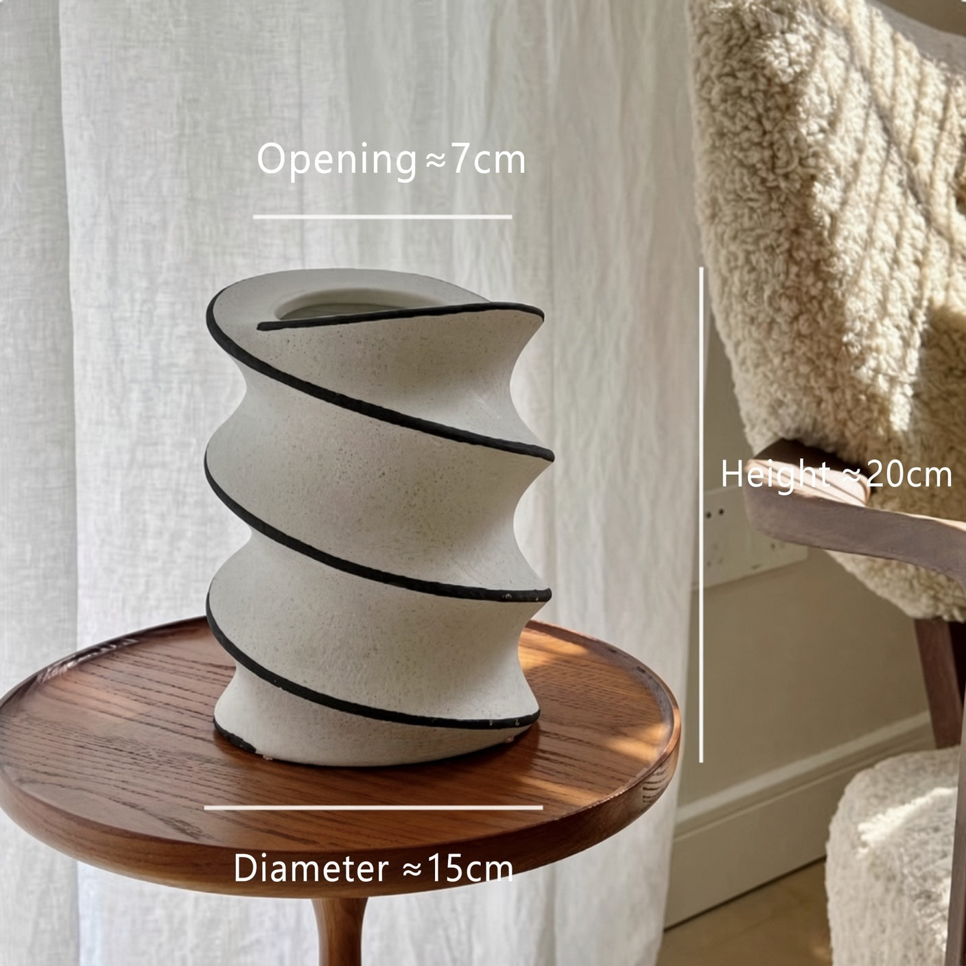 Spiral ceramic vase dimensions showing height diameter and opening size