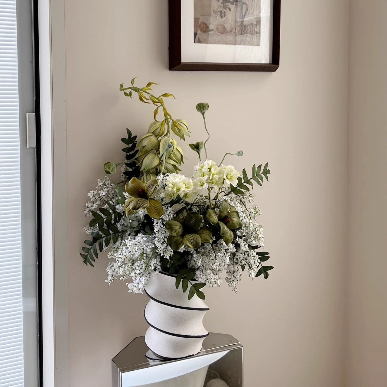 Spiral ceramic vase displayed as an indoor decoration