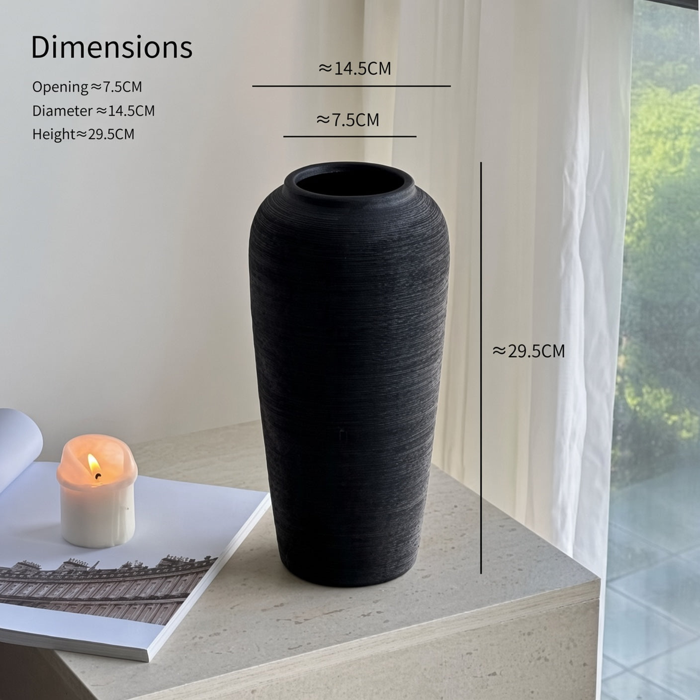 Textured tall ceramic vase dimensions showing height diameter and opening size